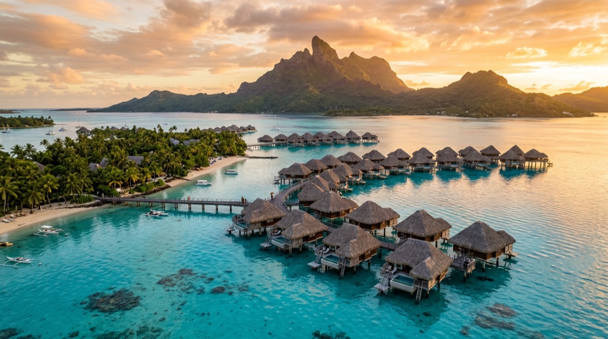 Vue aerienne du lagon de Bora Bora avec ses eaux turquoise